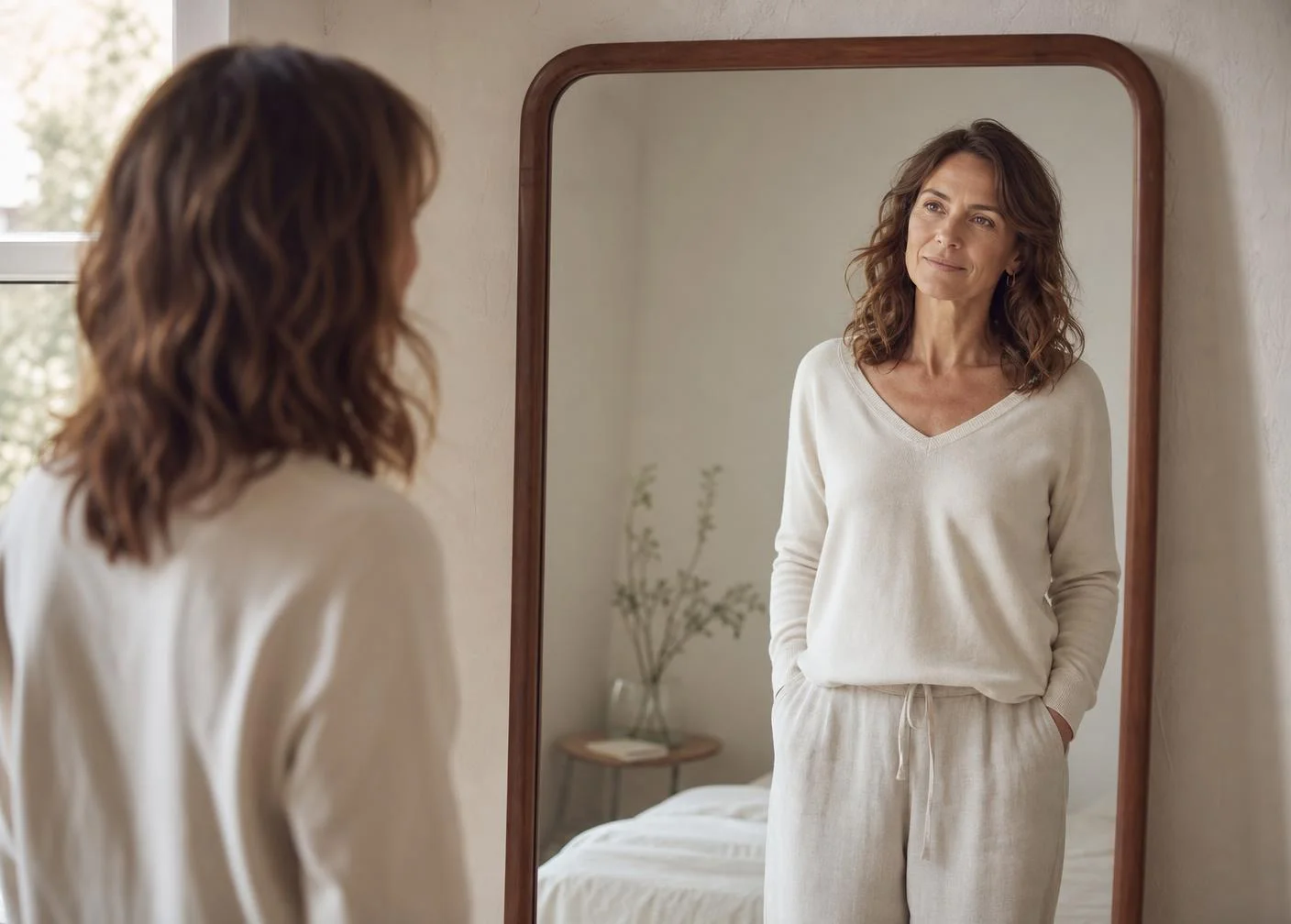 Mujer frente al espejo de su habitación, reconociéndose con calma y ternura