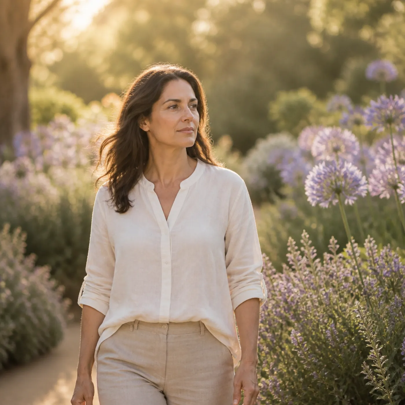 Mujer caminando tranquila por un sendero natural entre flores y árboles