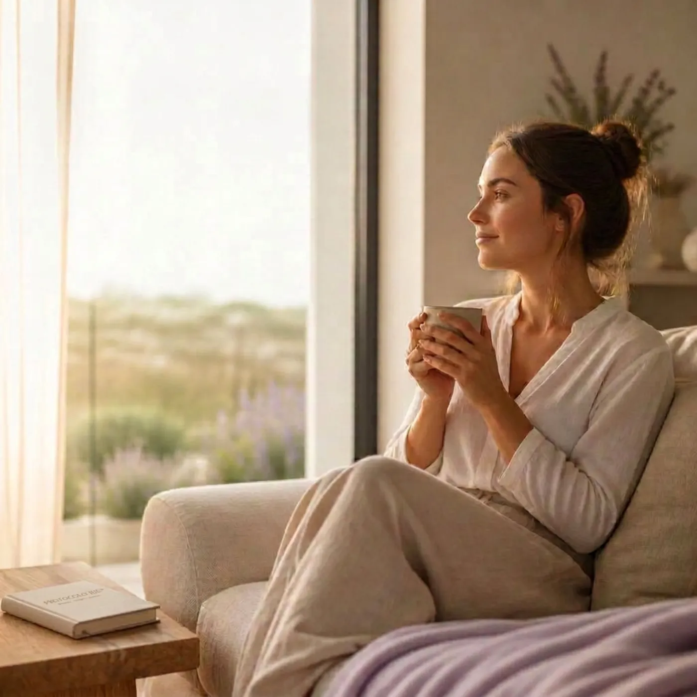Mujer sentada en calma con una taza, junto a una ventana con luz natural