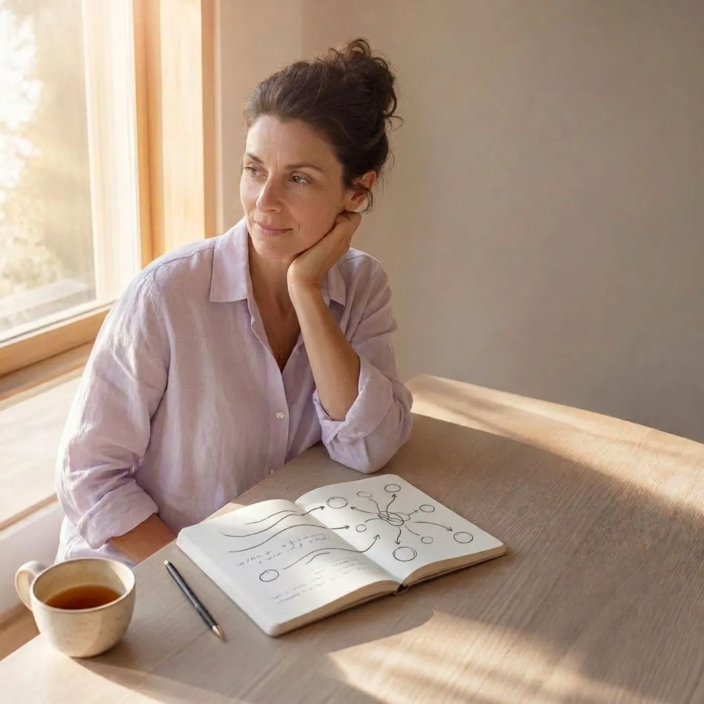 Mujer en calma con un diario y una taza, reflexionando junto a la ventana