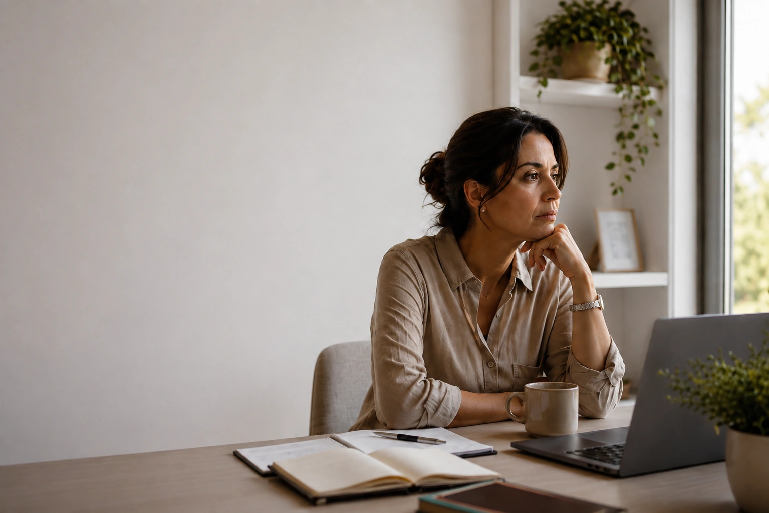 Mujer profesional en su escritorio mirando por la ventana, con una expresión serena y reflexiva