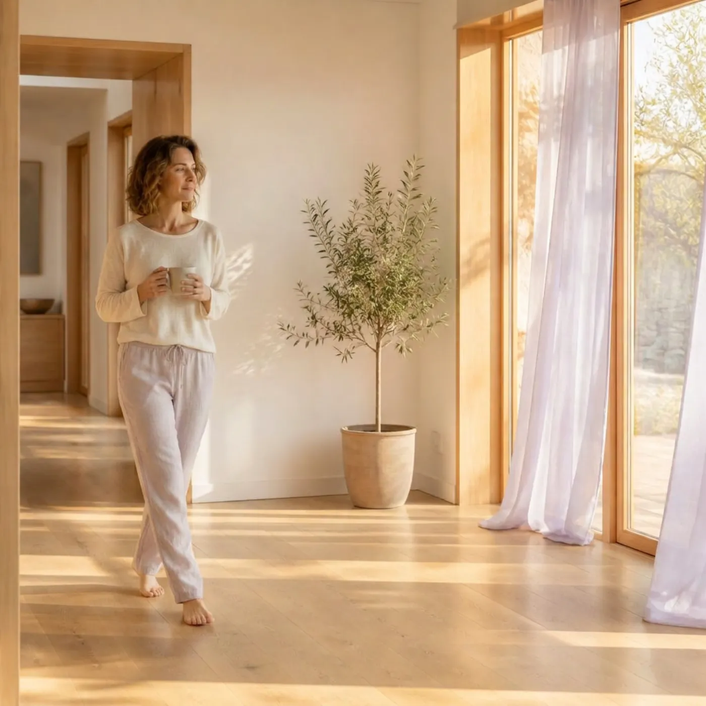 Mujer caminando tranquila en casa con una taza, entre luz natural y una planta