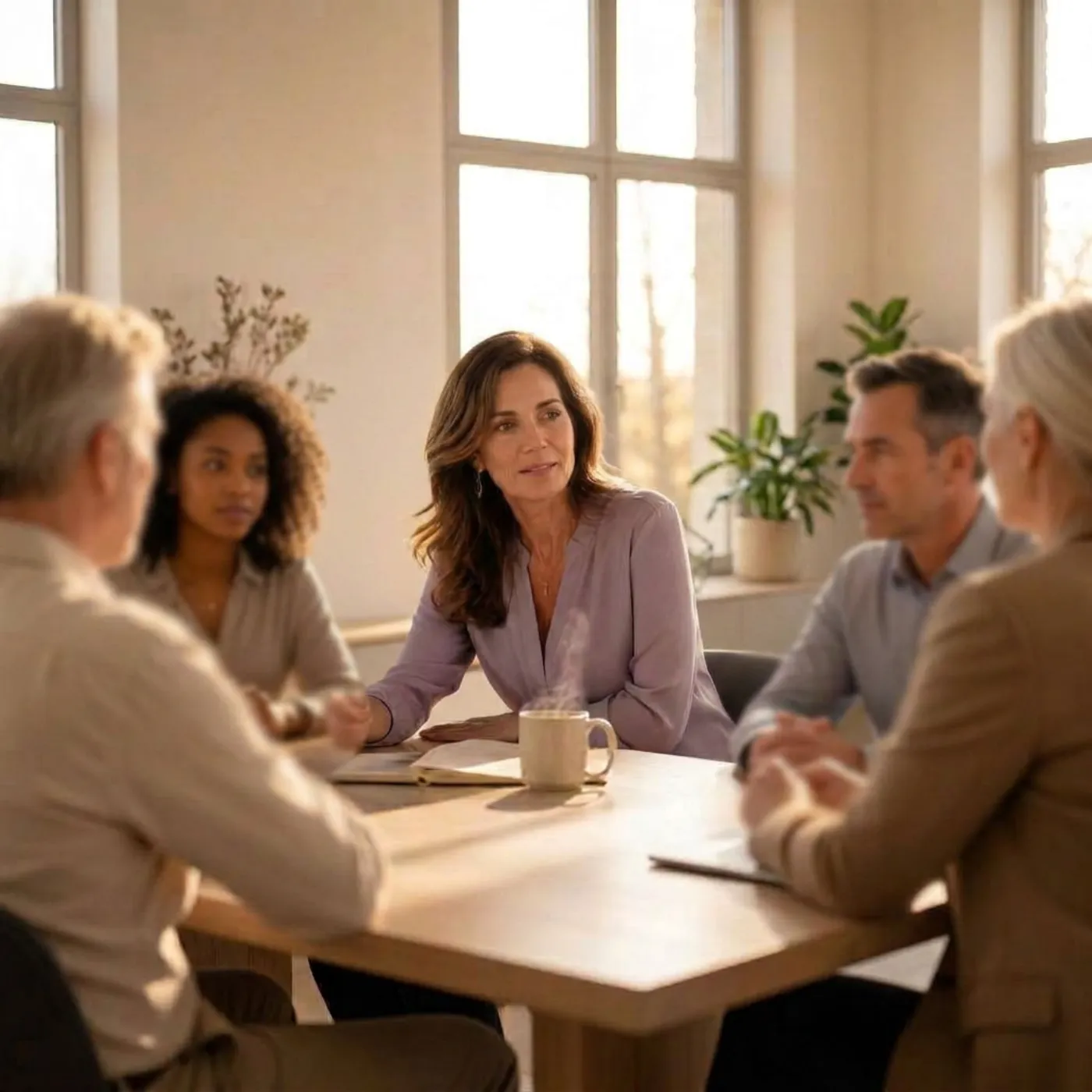 Mujer liderando una reunión de trabajo con calma, seguridad y presencia